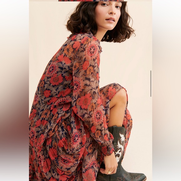 New Anthropologie The Marias Printed Floral Chiffon Maxi Boho Red Orange Dress S - Picture 4 of 7